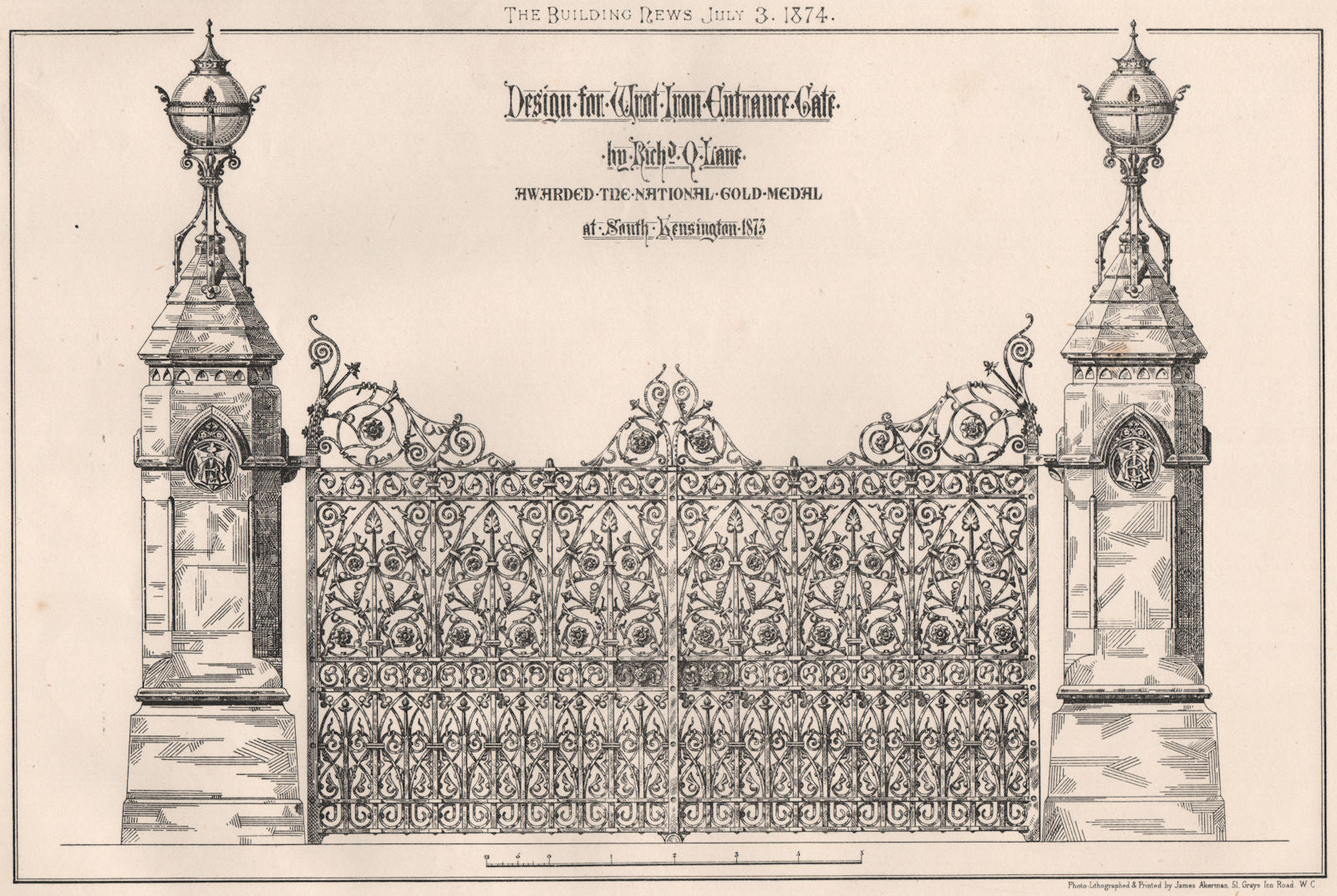 Iron entrance gate by. Richd Q. Lane 1874 old antique vintage print picture